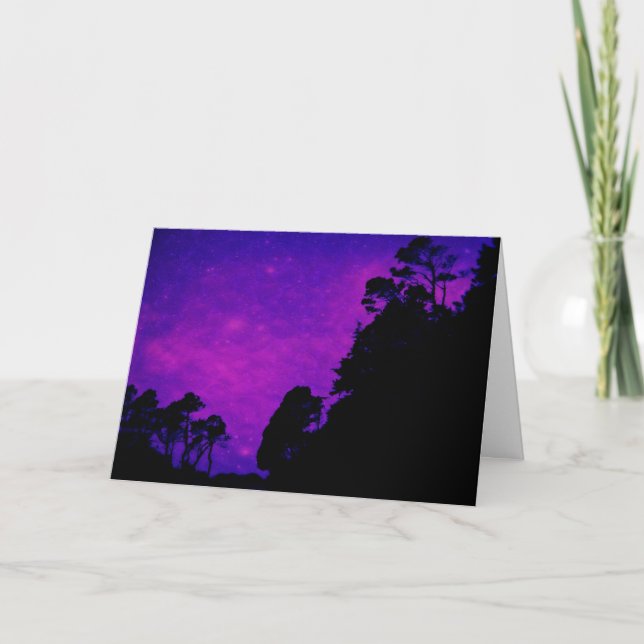 cool tree silhouettes on purple sky Birthday card (Front)