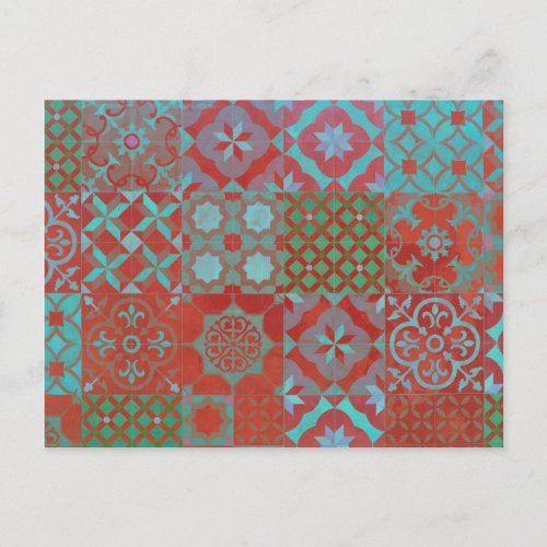 Cool trendy Aegean tiles in red and blue Postcard