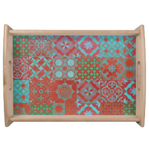 Cool, trendy Aegean tiles in red and blue Serving Tray