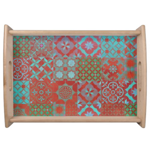 Cool trendy Aegean tiles in red and blue Serving Tray