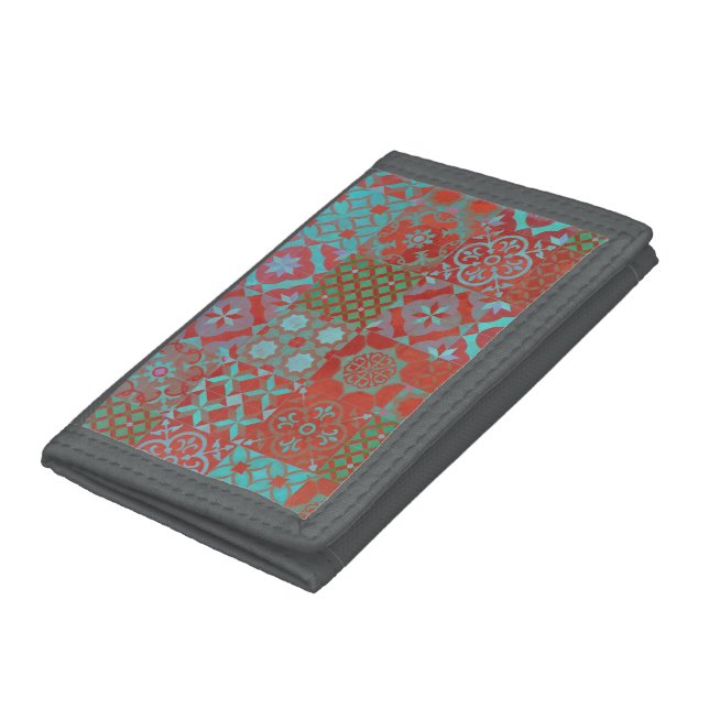 Cool, trendy Aegean tiles in red and blue Trifold Wallet (Bottom)