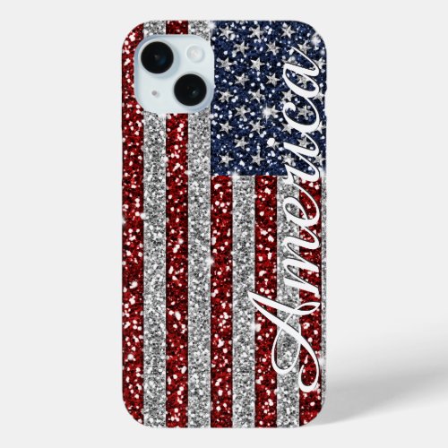 Cool trendy America flag shining faux glitter iPhone 15 Plus Case