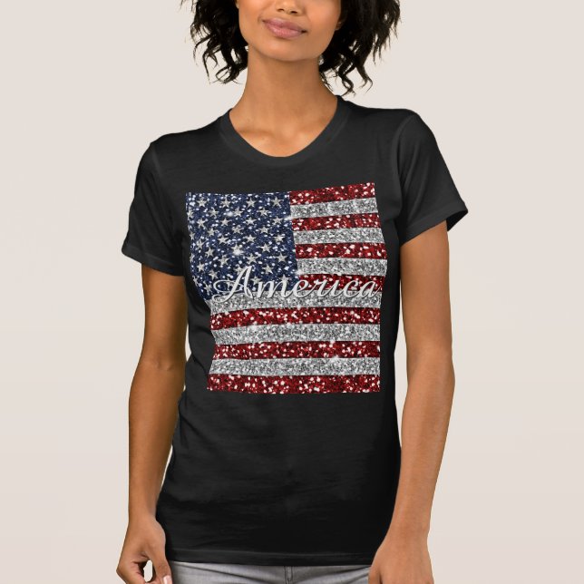 Cool trendy America flag shining faux glitter T-Shirt (Front)