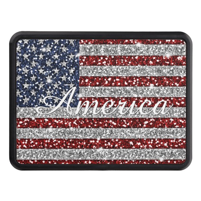 Cool trendy America flag shining faux glitter Trailer Hitch Cover (Front)