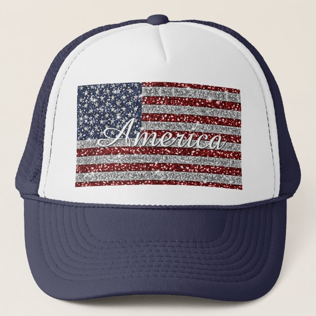 Cool trendy America flag shining faux glitter Trucker Hat (Front)