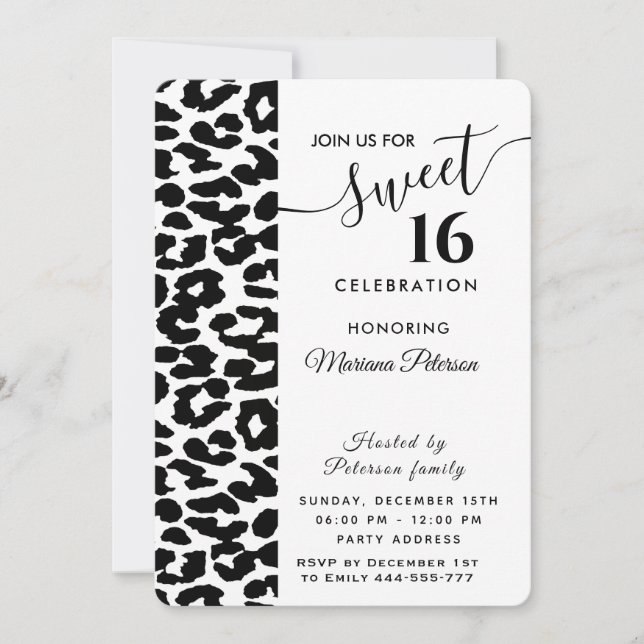 Cool Trendy black white leopard sweet 16  Invitati Invitation (Front)