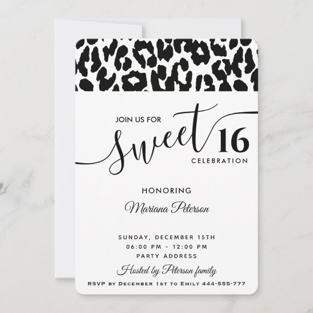 Cool Trendy black white leopard sweet 16   Invitation (Front)