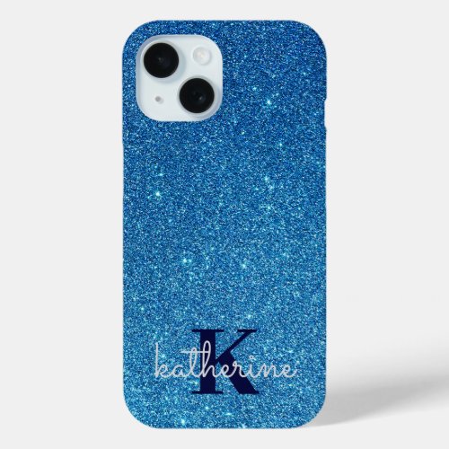 Cool Trendy Blue Glitter Monogram iPhone 15 Case
