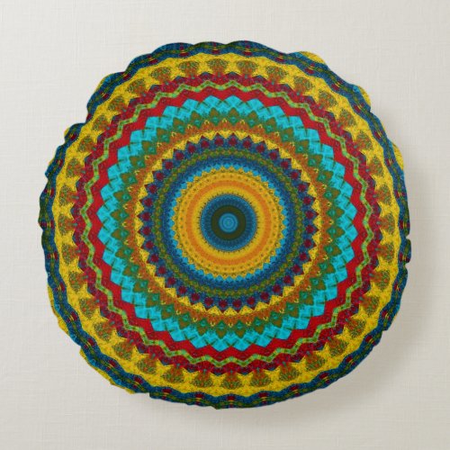  Cool Trendy Blue Red Yellow Mandala Tribal Ethnic Round Pillow