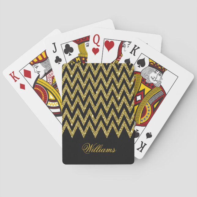 Cool trendy chevron zigzag gold faux glitter poker cards (Back)