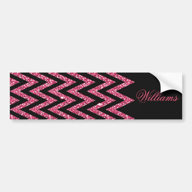 Cool trendy chevron zigzag hot pink faux glitter bumper sticker (Front)