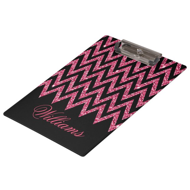Cool trendy chevron zigzag hot pink faux glitter clipboard (Angled)