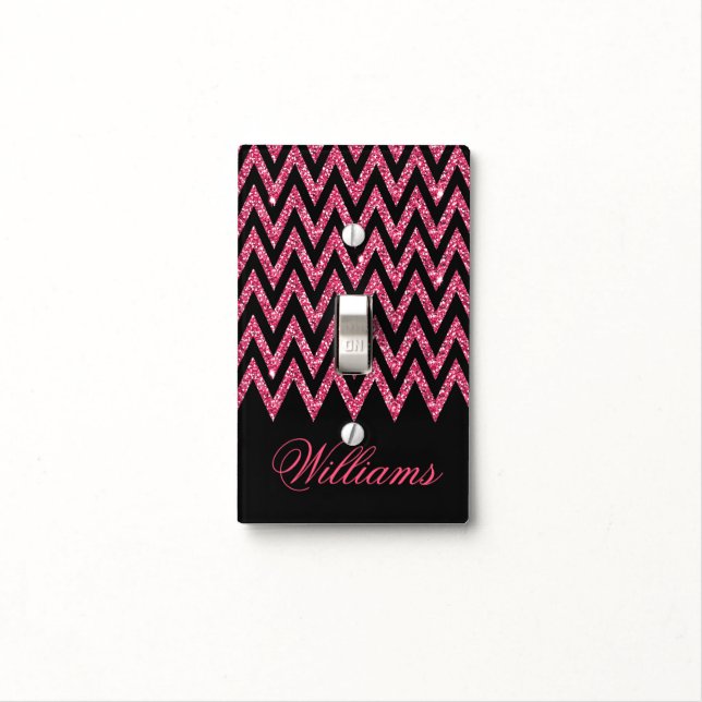 Cool trendy chevron zigzag hot pink faux glitter light switch cover (In Situ)