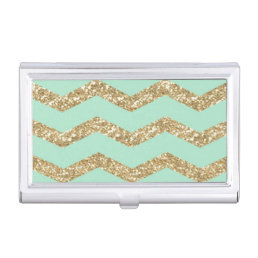 Cool Trendy Chevron Zigzag Mint Faux Gold Glitter Business Card Holder