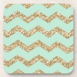Cool Trendy Chevron Zigzag Mint Faux Gold Glitter Coaster
