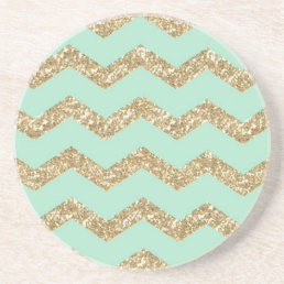 Cool Trendy Chevron Zigzag Mint Faux Gold Glitter Drink Coaster