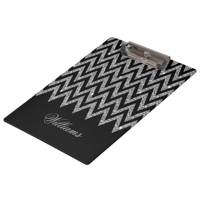 Cool trendy chevron zigzag silver faux glitter clipboard (Angled)