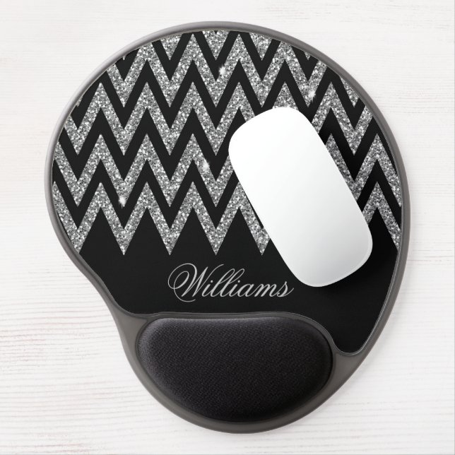 Cool trendy chevron zigzag silver faux glitter gel mouse pad (Left Side)