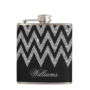 Cool trendy chevron zigzag silver faux glitter hip flask