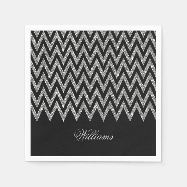 Cool trendy chevron zigzag silver faux glitter napkins (Front)