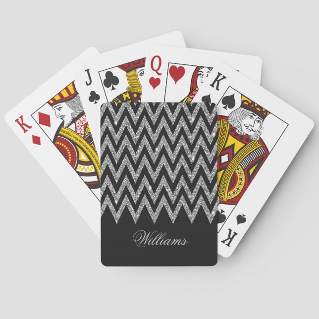 Cool trendy chevron zigzag silver faux glitter poker cards (Back)