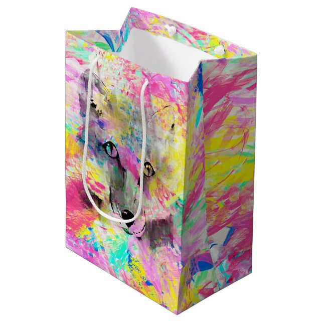 Cool trendy colourful vibrant fox abstract paint medium gift bag (Front Angled)