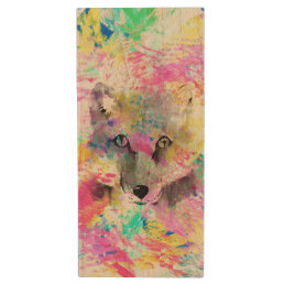 Cool trendy colourful vibrant fox abstract paint wood USB flash drive