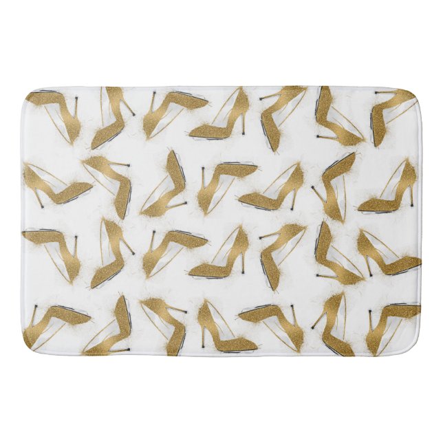 Cool trendy faux gold glitter high heel shoes bathroom mat (Front)
