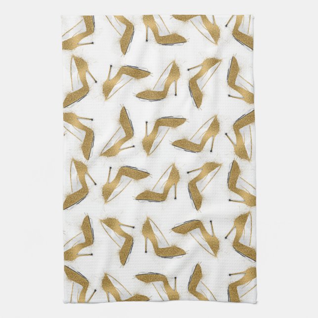 Cool trendy faux gold glitter high heel shoes kitchen towel (Vertical)