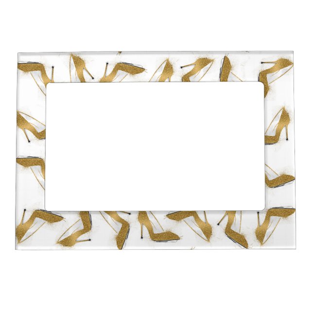 Cool trendy faux gold glitter high heel shoes magnetic picture frame (Front)