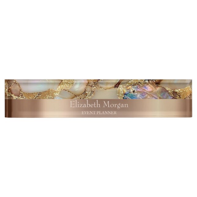 Cool Trendy Gold Glitter Pearl Marble Desk Name Plate (Front)