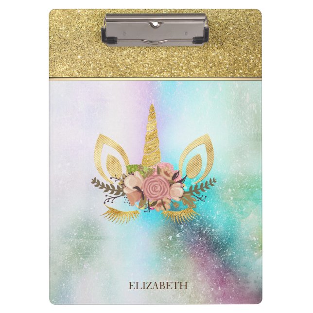 Cool Trendy Gold Glitter Unicorn Face-Personalized Clipboard (Front)