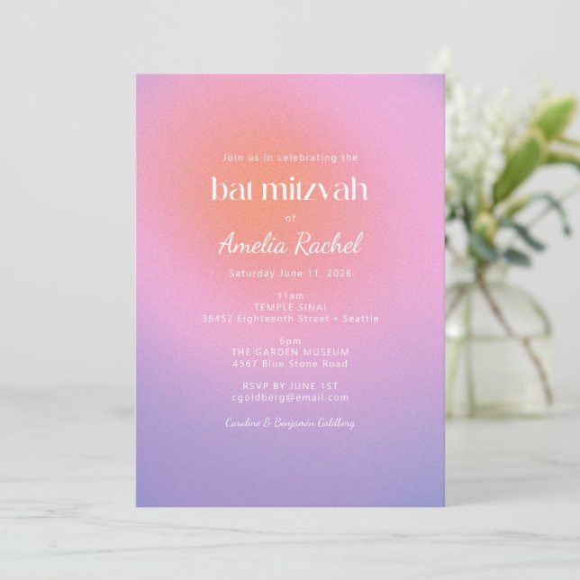 Cool Trendy Gradient Pink Purple Bat Mitzvah Invitation (Standing Front)