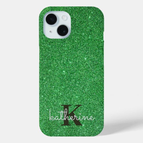 Cool Trendy Green Glitter Monogram iPhone 15 Case