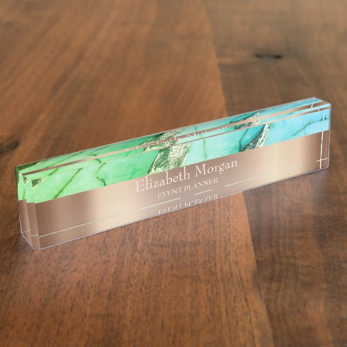 Cool Trendy Green Marble Rose Gold Desk Name Plate