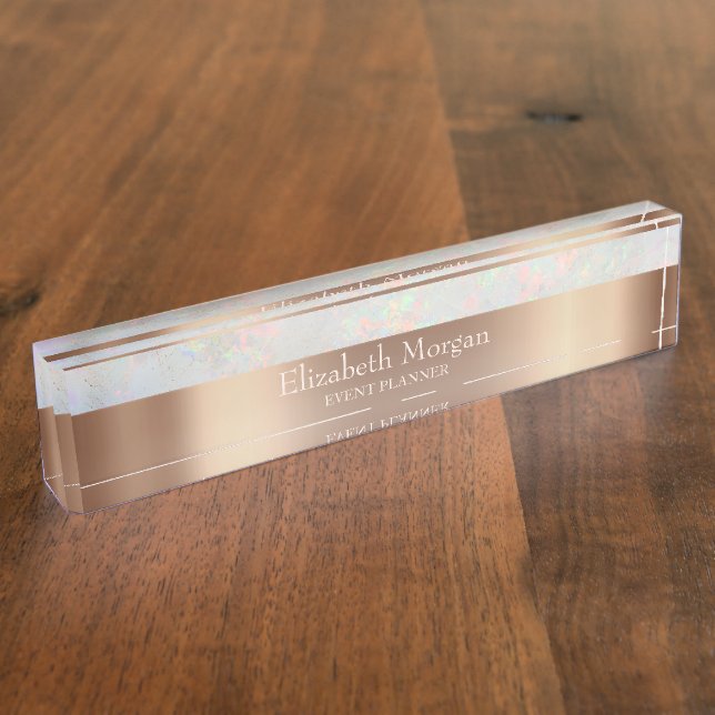 Cool Trendy Holographic Rose Gold Desk Name Plate (Side)