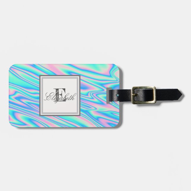 Cool Trendy Holographic Texture, Monogram Luggage Tag (Front Horizontal)