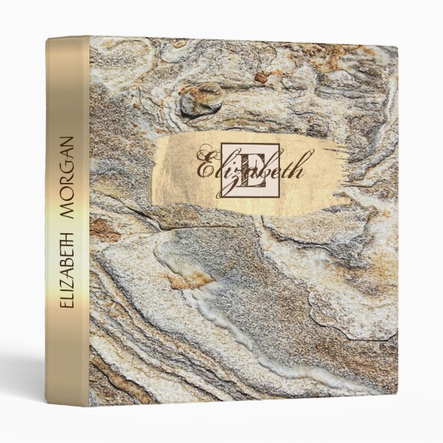 Cool Trendy  Marble,Gold Brush Stroke, Monogram 3 Ring Binder (Front/Spine)