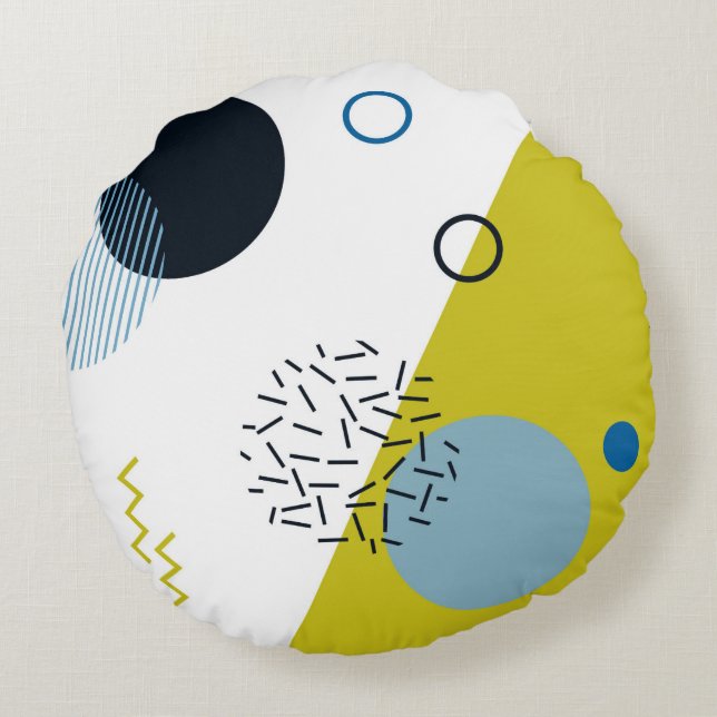 Cool, trendy, modern, Memphis green blue geometric Round Pillow (Back)