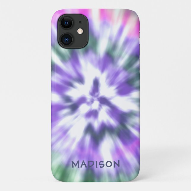 Cool Trendy Modern Pink Purple Tie Dye Custom Name Case-Mate iPhone Case (Back)