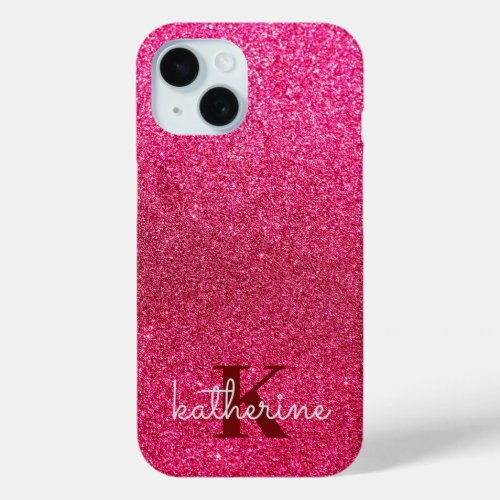 Cool Trendy Pink Glitter Monogram iPhone 15 Case