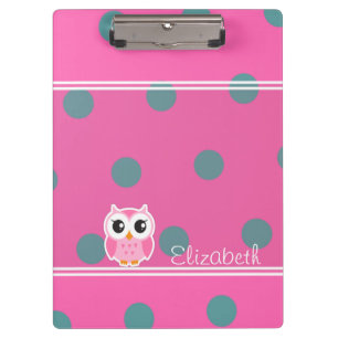 Cool Trendy Polka Dots With Cute Owl-Personalized Clipboard