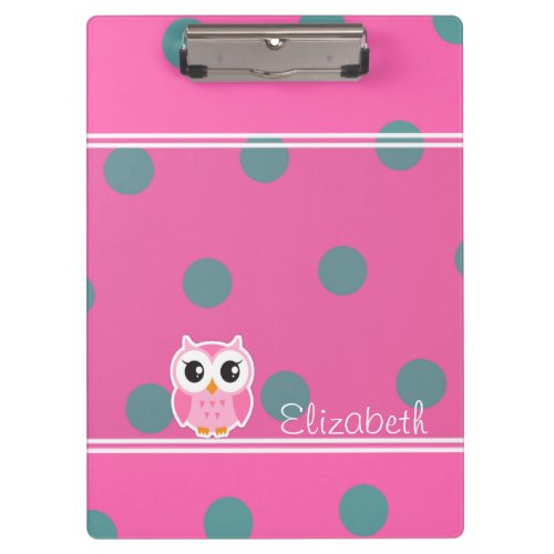Cool Trendy Polka Dots With Cute Owl_Personalized Clipboard
