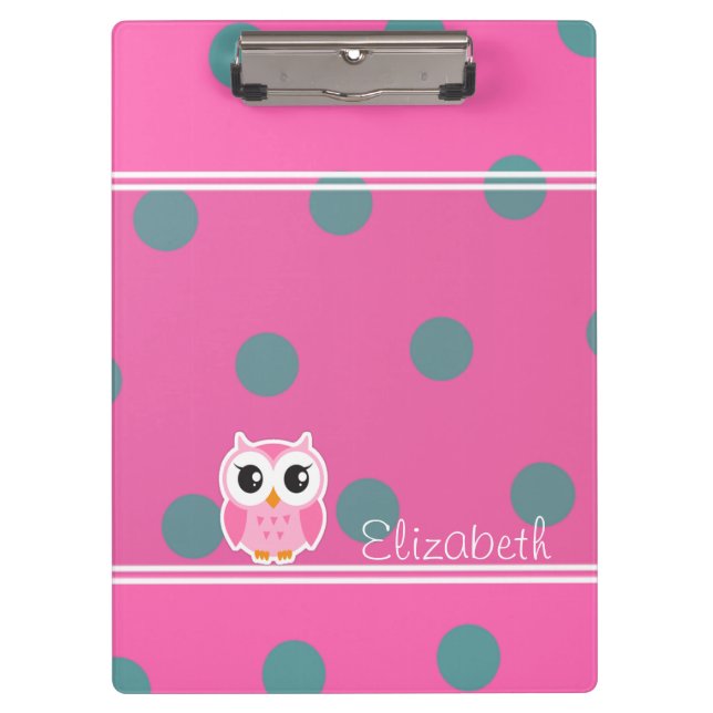 Cool Trendy Polka Dots With Cute Owl-Personalized Clipboard (Front)