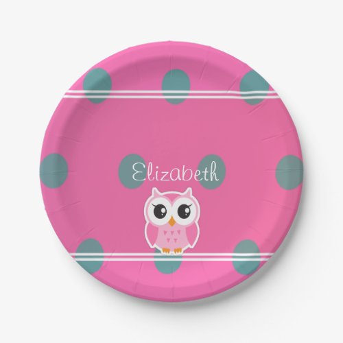 Cool Trendy Polka Dots With Cute Owl_Personalized Paper Plates