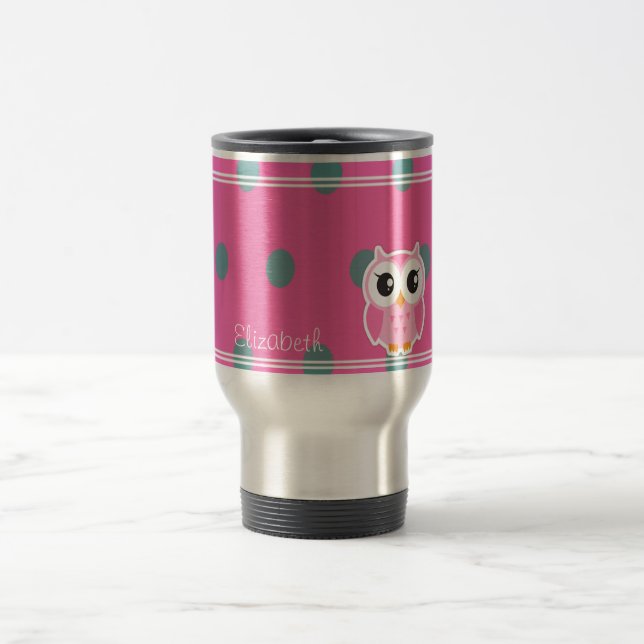 Cool Trendy Polka Dots With Cute Owl-Personalized Travel Mug (Center)