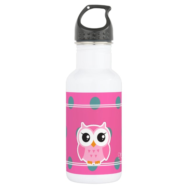 Cool Trendy Polka Dots With Cute Owl-Personalized Water Bottle (Front)