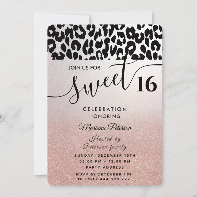  Cool Trendy rose gold ombre leopard sweet 16 Invitation (Front)