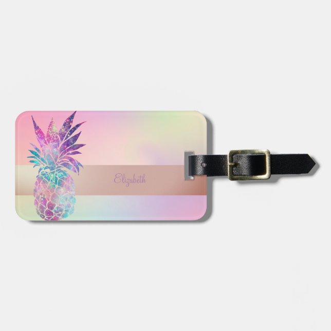 Cool Trendy Striped, Pineapple Holographic Luggage Tag (Front Horizontal)