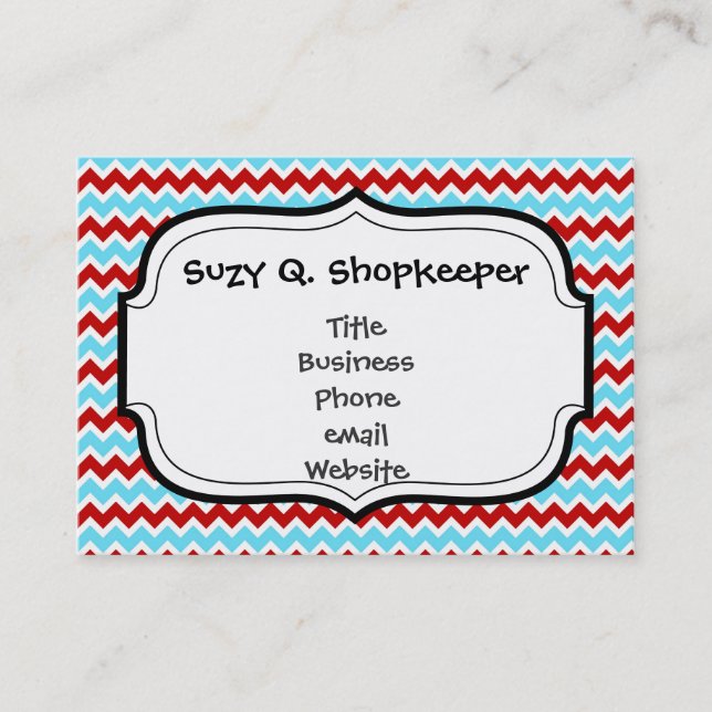 Cool Trendy Teal Turquoise Red Chevron Zigzags Business Card (Front)